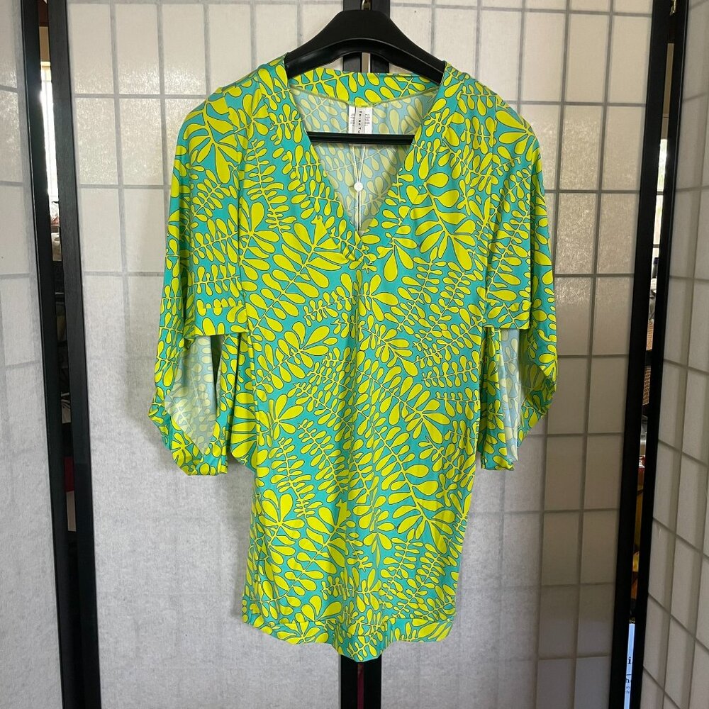 TRINA TURK Trellis V-Neck Tunic Swim Cover Up Dress NWT Medium Green Blue Yellow